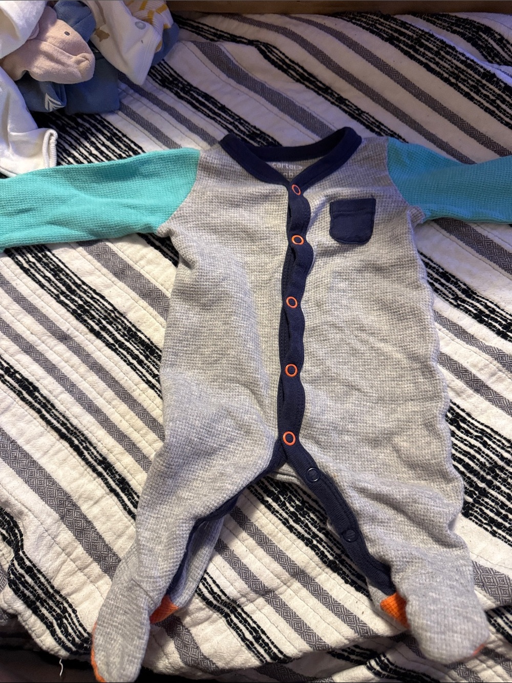 Carter's Gray Waffle-Knit Footed One-Piece with Teal Sleeves